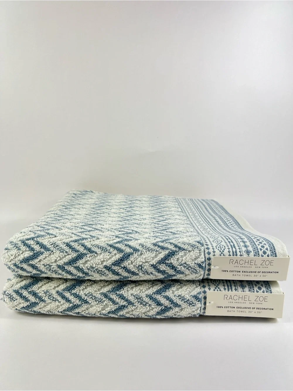 Rachel Zoe Bath Towels Blue Cream Chevron Design Soft 100% Cotton 2 Pc NEW